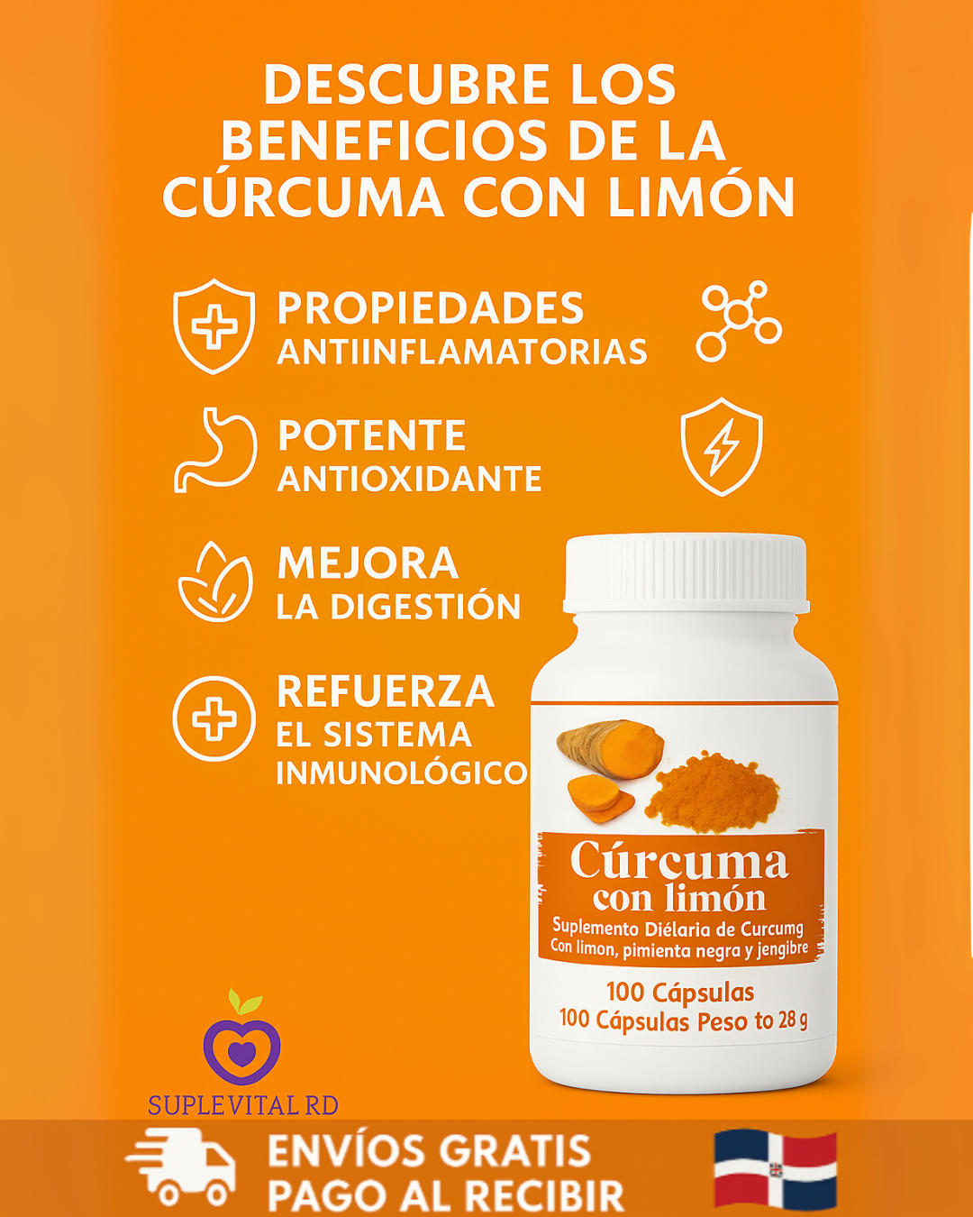 ✨ Cúrcuma con Limón, Pimienta y Jengibre – 100 Cápsulas Naturales ✨