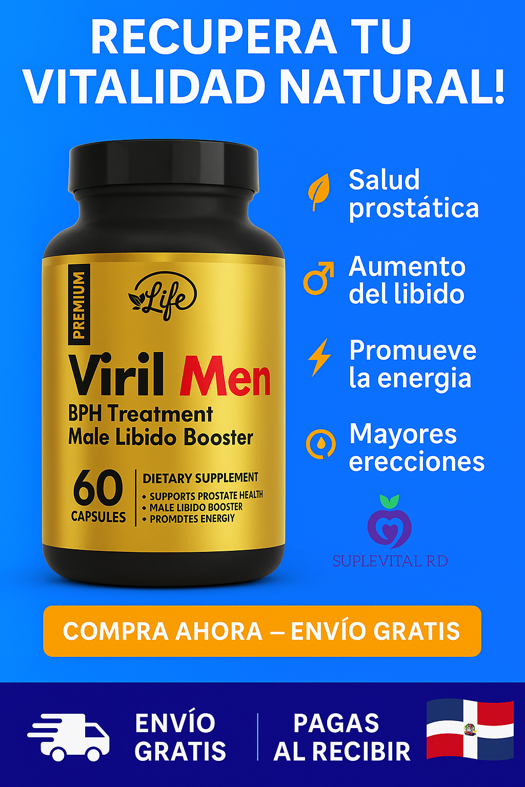 Viril Men 60 Cápsulas — Salud Prostática y Potencia Masculina | ¡Recupera tu confianza hoy! 💪🔥
