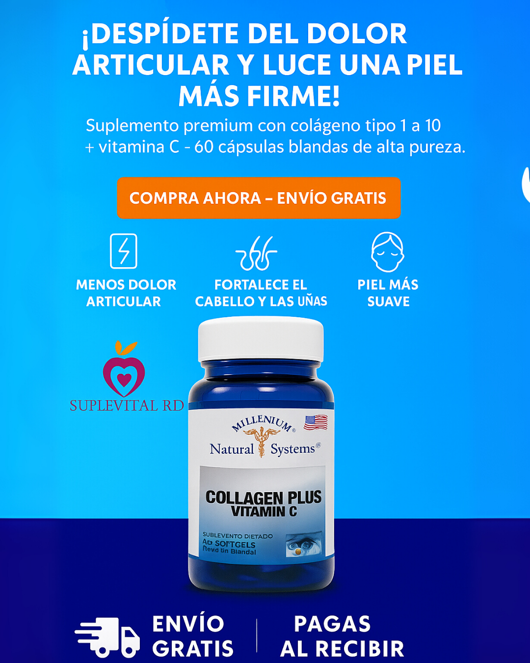 Colágeno Plus Millenium (60 Capsulas): 🔥¡Despídete del dolor articular y luce una piel más firme!