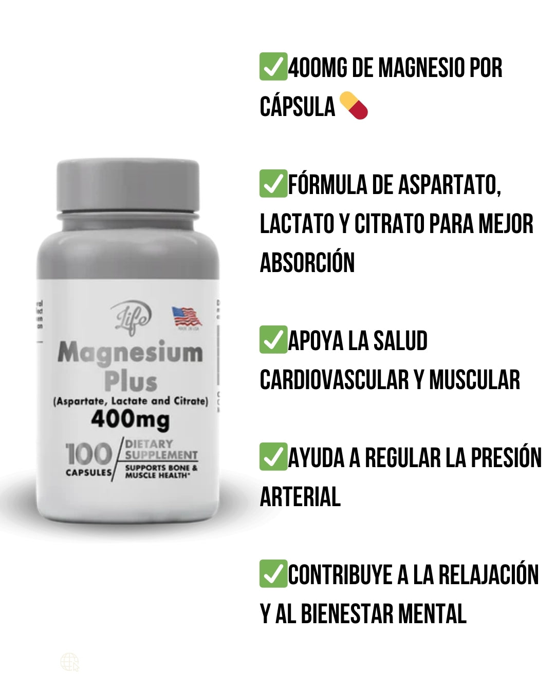 💙MAGNESIUM PLUS 400mg – 100 cápsulas | Salud cardiovascular, bienestar integral y mejor descanso