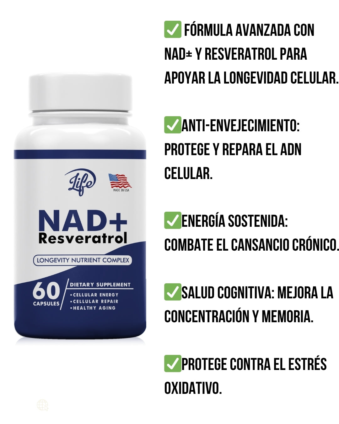 💊 NAD+ Resveratrol x 60 Capsulas – ¡Ralentizar el envejecimiento desde dentro!