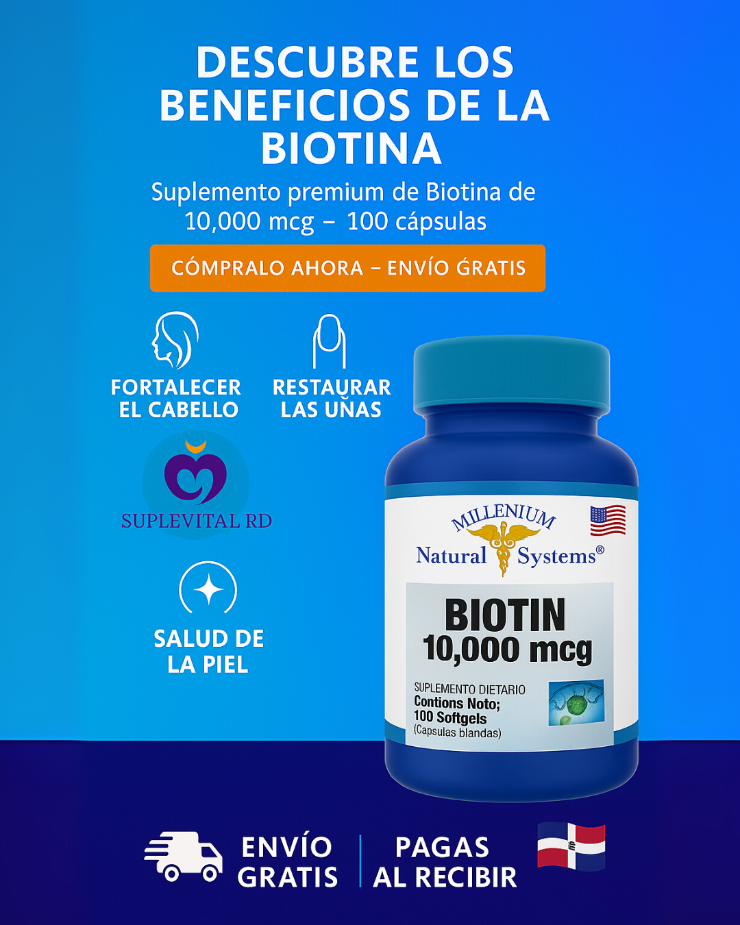 💇‍♀️ Biotina 10000 mcg (100 Capsulas) – Fortalece tu cabello, piel y uñas naturalmente