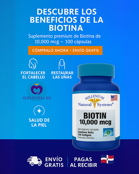 💇‍♀️ Biotina 10000 mcg (100 Capsulas) – Fortalece tu cabello, piel y uñas naturalmente