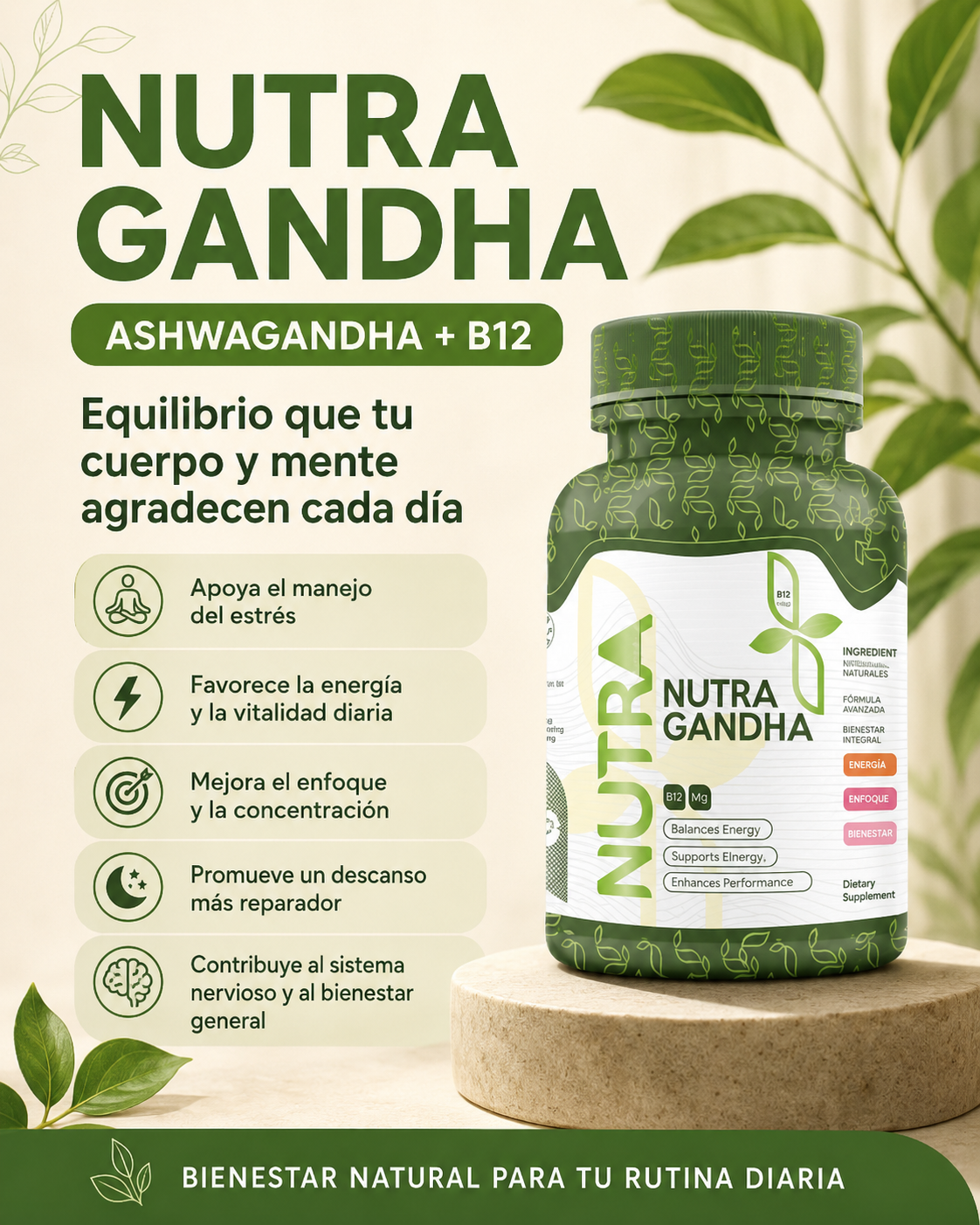 🧘Nutra Gandha Ashwagandha + B12 - 60 Capsulas | Bienestar para Cuerpo y Mente