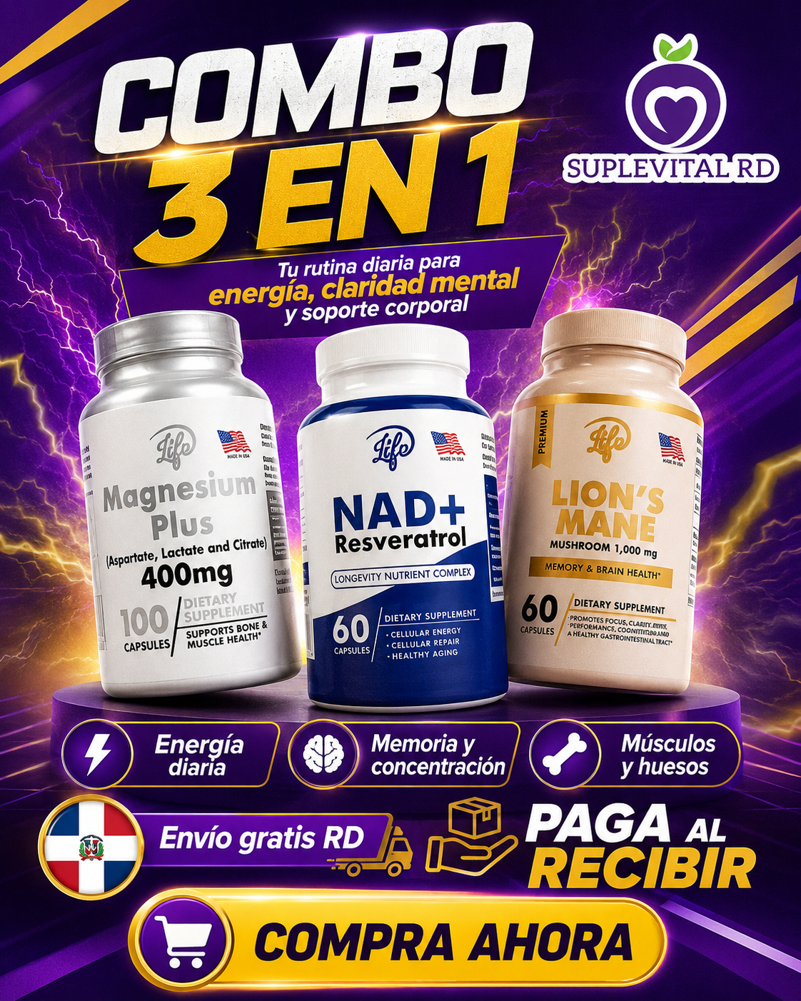 Magnesium Plus + NAD+ Resveratrol + Lion’s Mane | Combo Energía, Enfoque y Bienestar