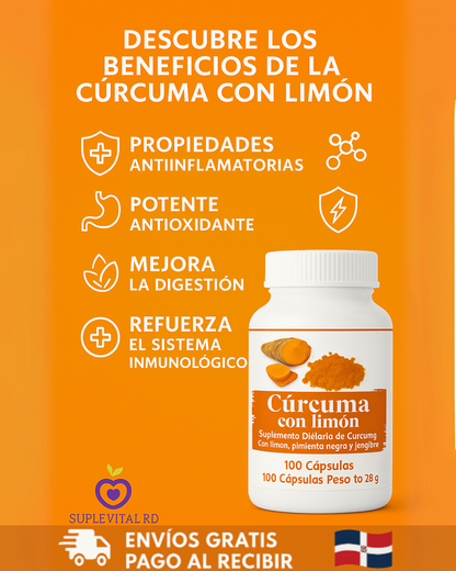 ✨ Cúrcuma con Limón, Pimienta y Jengibre – 100 Cápsulas Naturales ✨