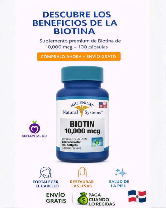 💇‍♀️ Biotina 10000 mcg (100 Capsulas) – Fortalece tu cabello, piel y uñas naturalmente