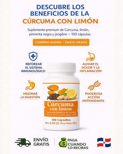 ✨ Cúrcuma con Limón, Pimienta y Jengibre – 100 Cápsulas Naturales ✨