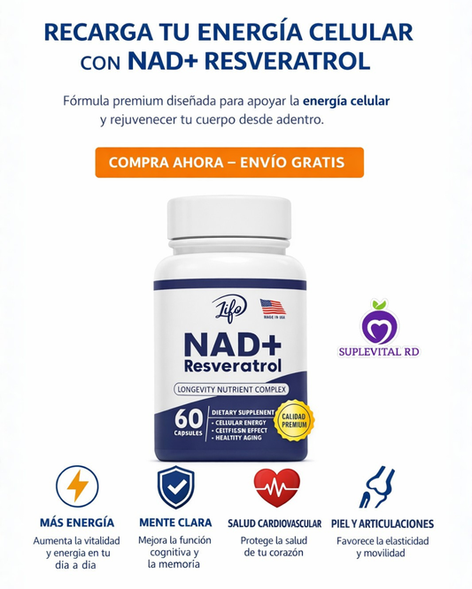 💊 NAD+ Resveratrol x 60 Capsulas – ¡Ralentizar el envejecimiento desde dentro!