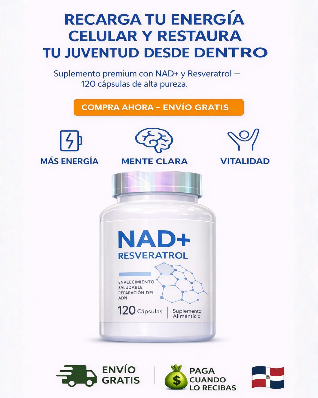💊 NAD+ Resveratrol x 120 Capsulas – ¡Ralentizar el envejecimiento desde dentro!