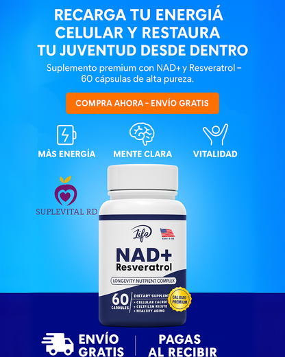 💊 NAD+ Resveratrol x 60 Capsulas – ¡Ralentizar el envejecimiento desde dentro!