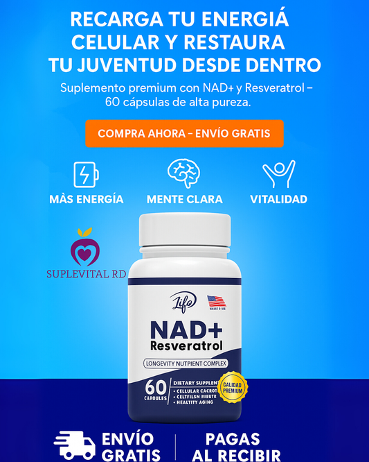 💊 NAD+ Resveratrol x 60 Capsulas – ¡Ralentizar el envejecimiento desde dentro!