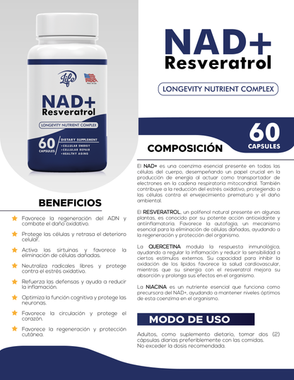 💊 NAD+ Resveratrol x 60 Capsulas – ¡Ralentizar el envejecimiento desde dentro!